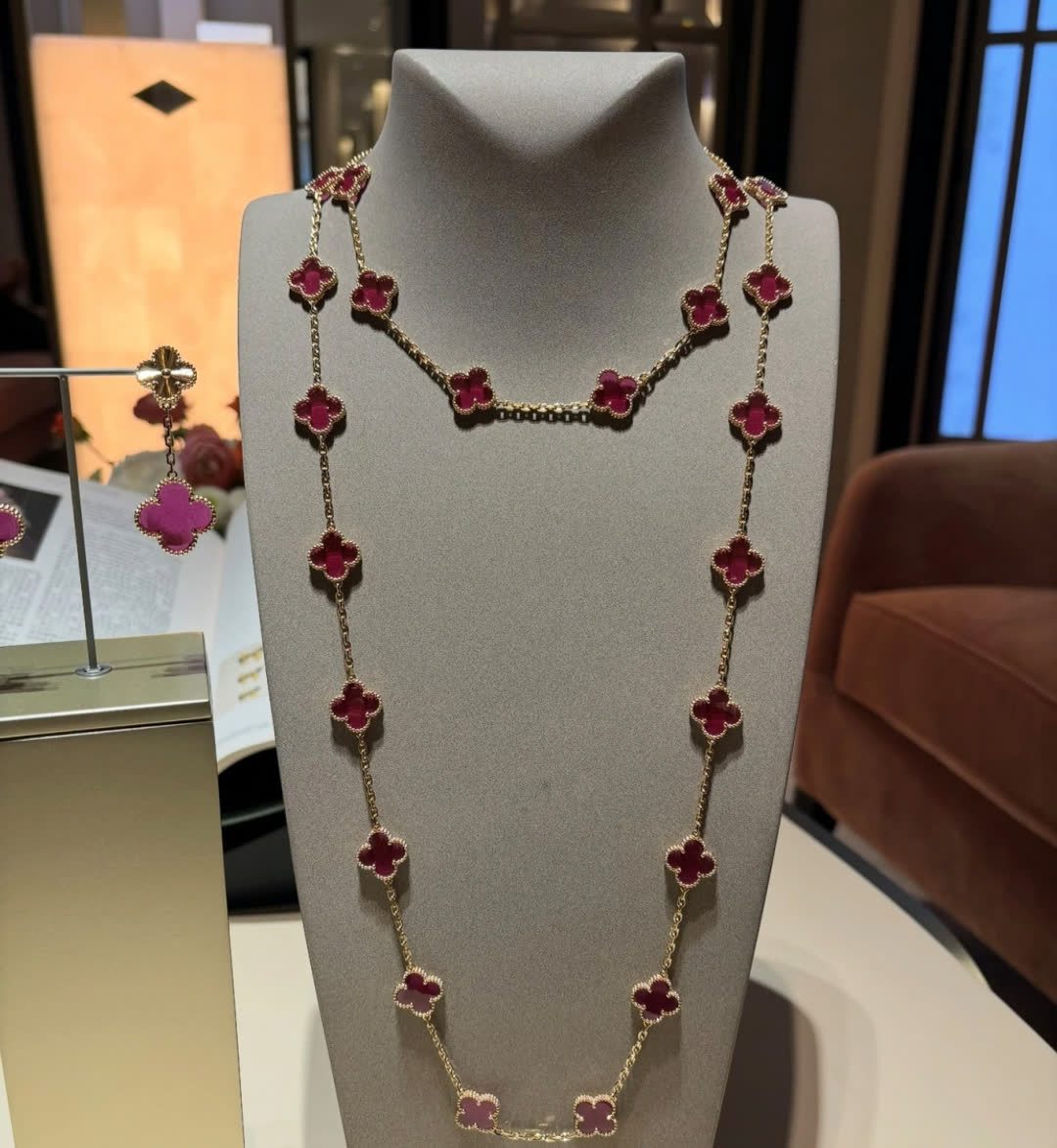 Van Cleef & Arpels Alhambra Pink Enamel Necklace and Earrings Set